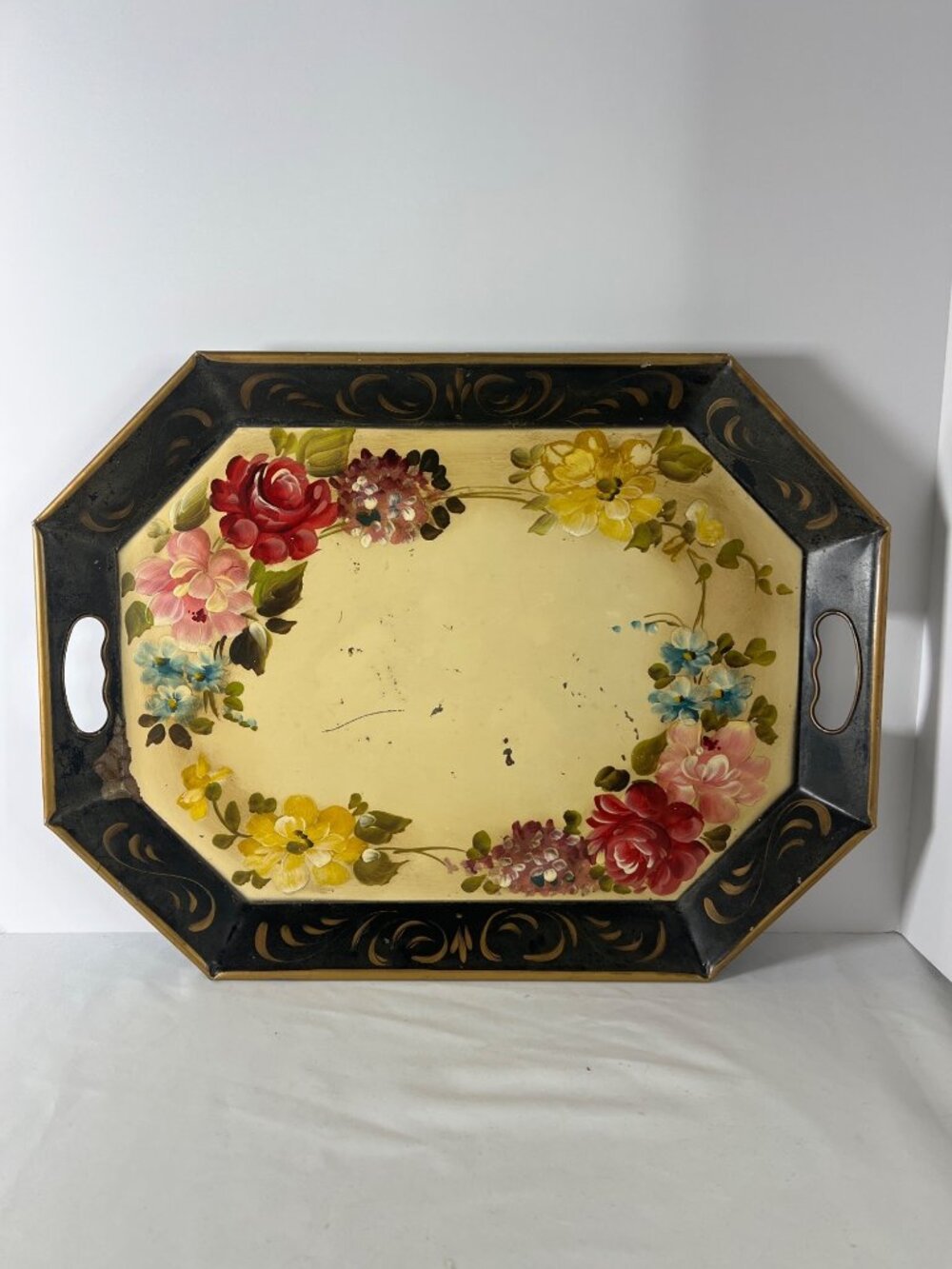 VTG Toleware Hand-Painted Floral Metal Serving Tray With Handles 20"x15"